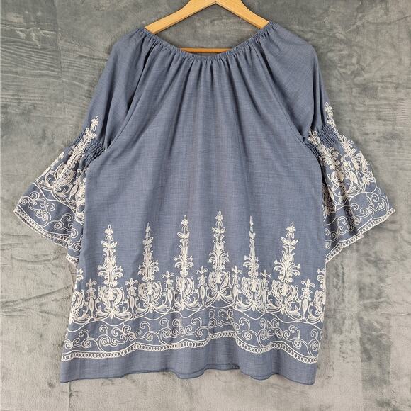 Womens Top XL Blue Boho Peasant Cottagecore Festival Chambray Floral Embroidered - Picture 7 of 7